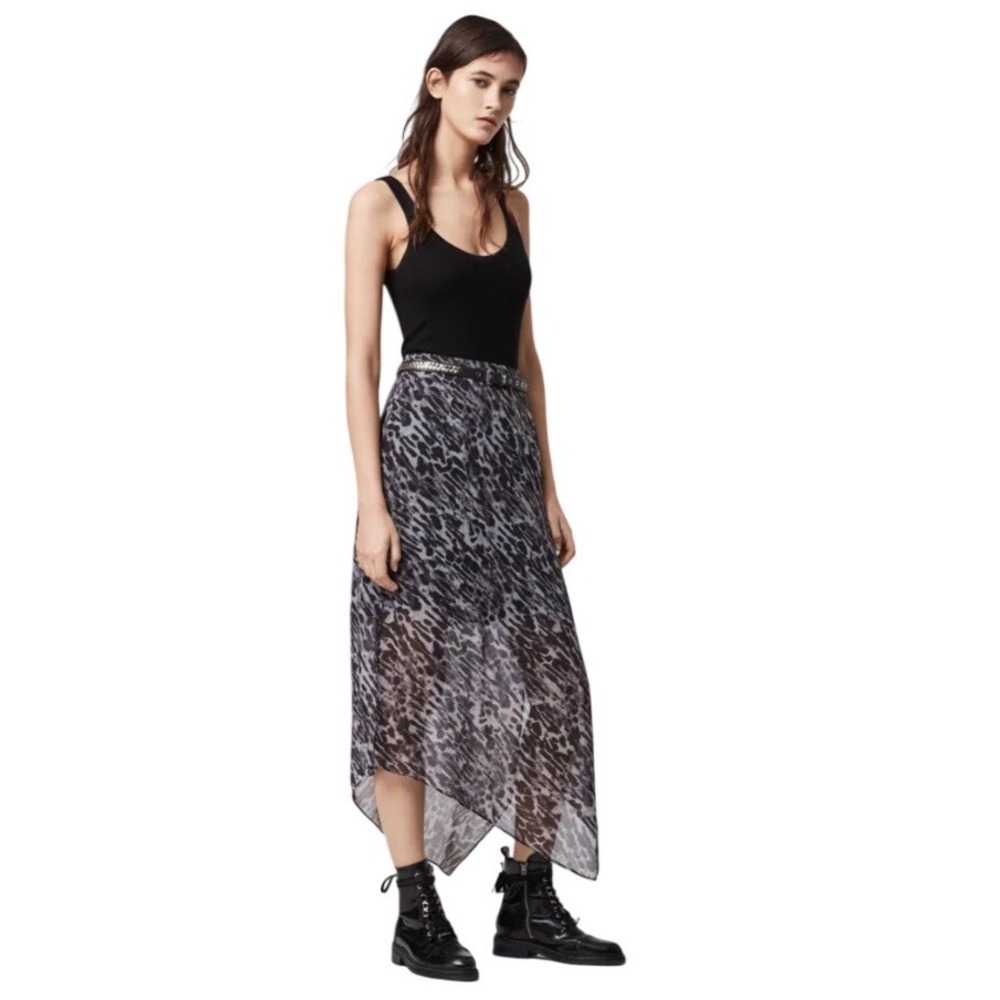 AllSaints Rhea Ambient Leopard Print Asymmetrical Midi Skirt Size US 0